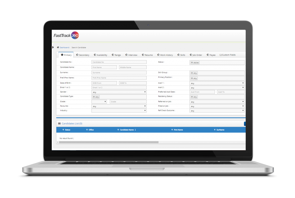 Find the best candidates in your FastTrack360 database with advanced search